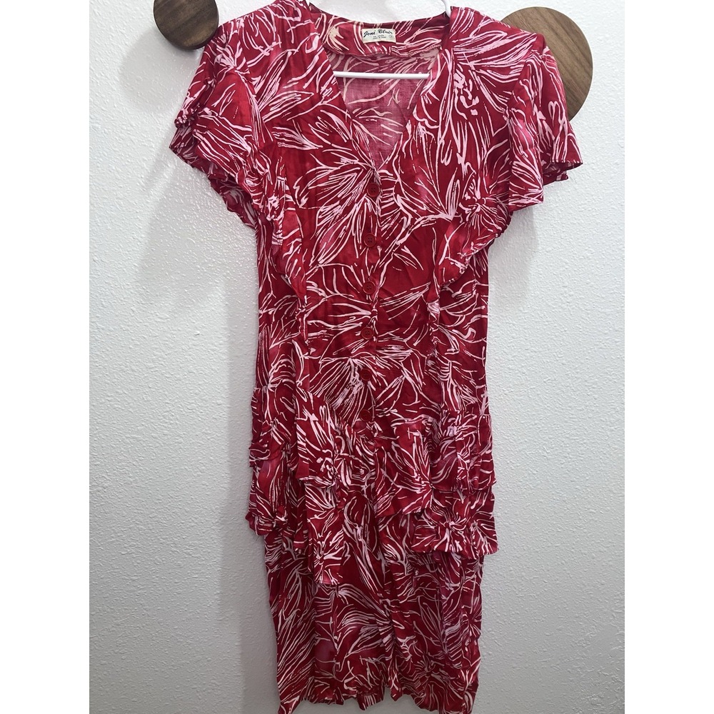 Vtg 80s Joni Blair Red White Tiered Ruffle Dress Faux Wrap Flutter Sleeve Size 9